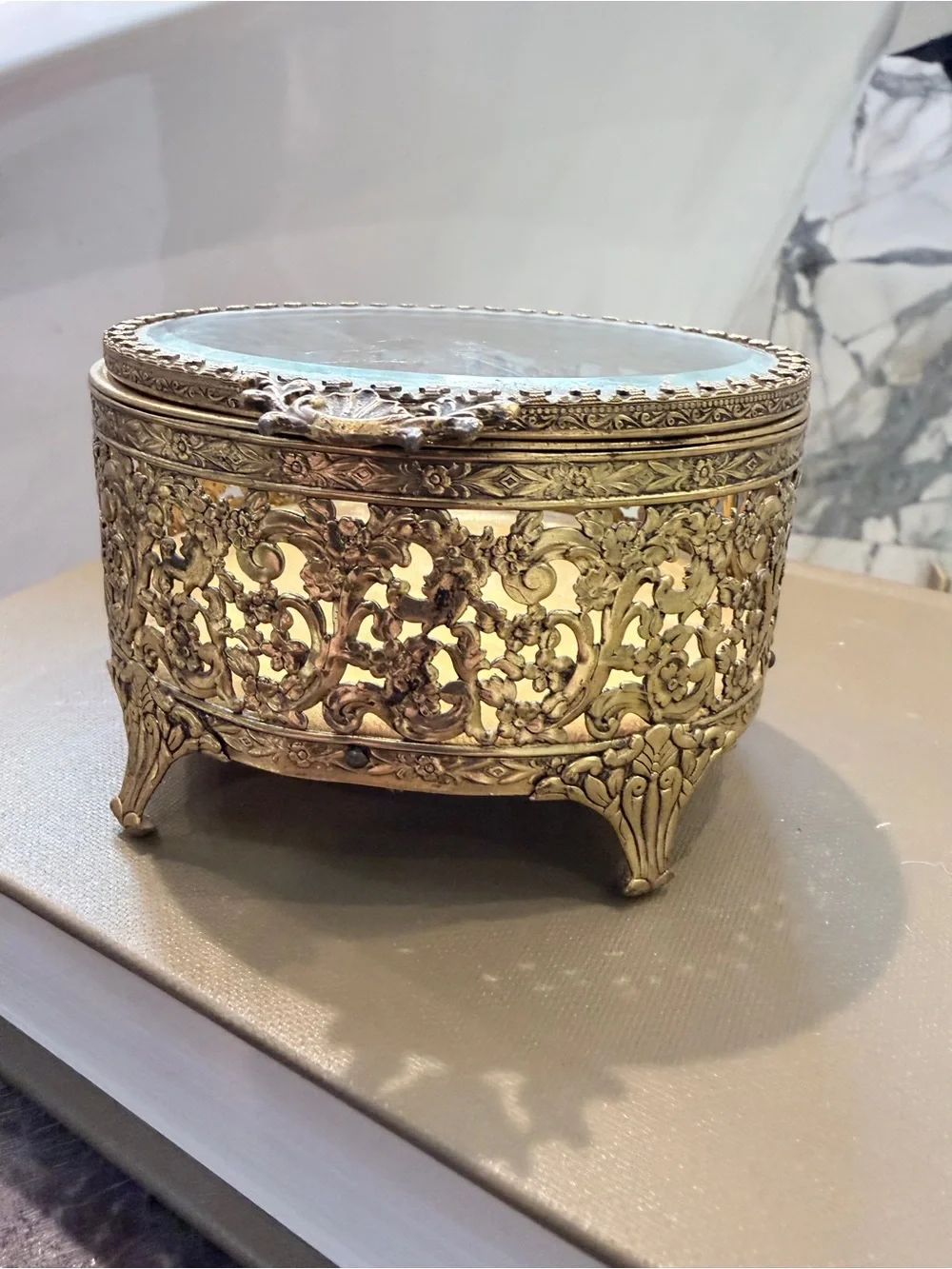 Vintage Ormolu Filigree Jewelry Casket Beveled Glass Hollywood Regency